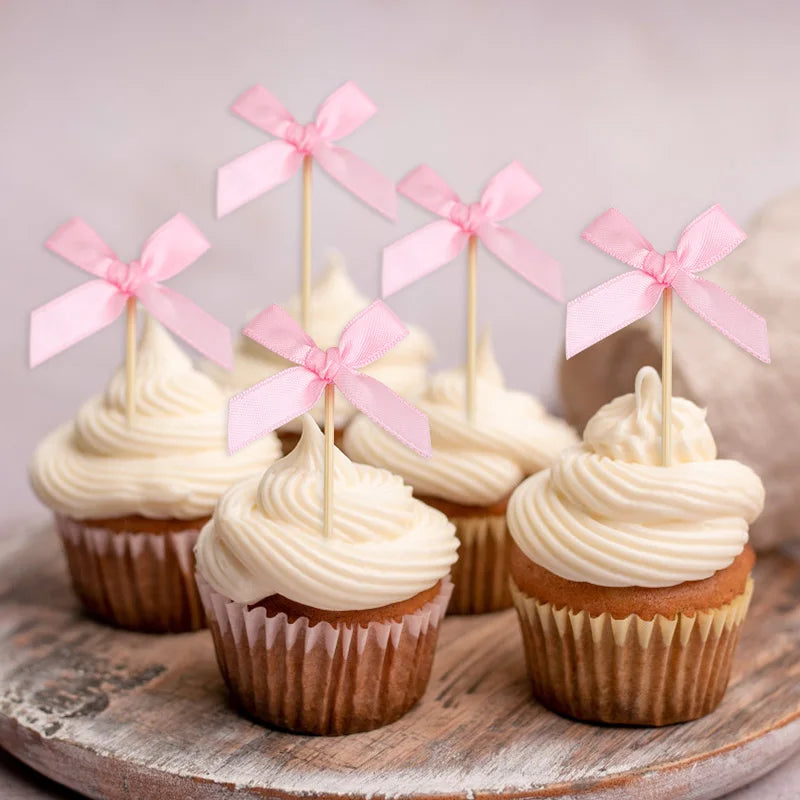 12Pcs Pink Bow Cupcake Toppers – Birthday & Baby Shower Decor Cupcake Toppers Babs