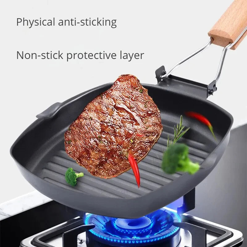 Foldable Portable Grill Pan | Anti-Scald Wooden Handle Portable Grill Pan Babs