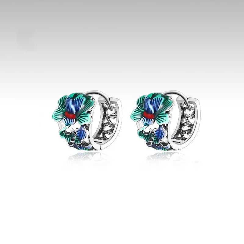 Thai Silver Peony Flower Hoop Earrings – Unisex Ethnic Style Hoop Earrings Babs
