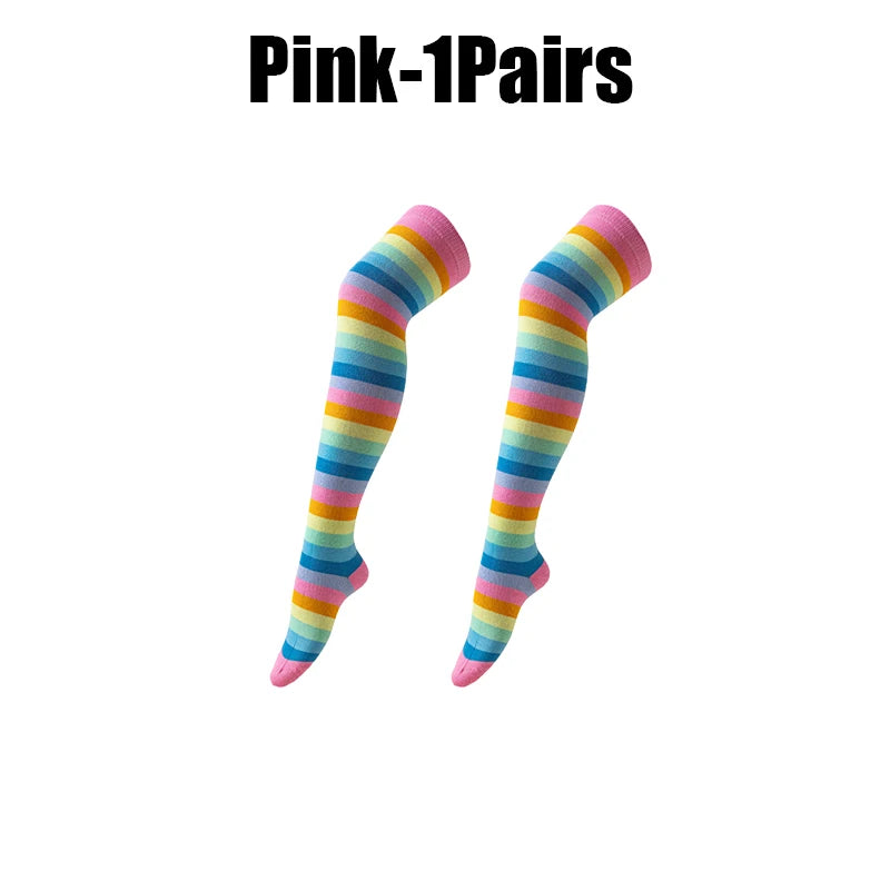 Rainbow Striped Over-Knee Socks – Soft Elastic Long Stockings Over-Knee Stockings Babs as show Pink 1Pairs