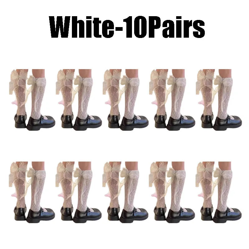 Lace Bow Thigh High Socks – Sheer Mesh Stockings for Women Thigh High Stockings Babs White--10Pairs 35-39