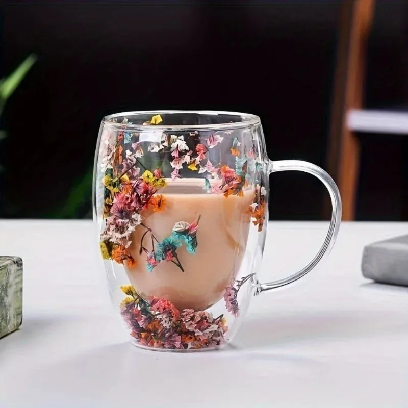 350ml Double-Walled Glass Coffee Mug | Floral Quicksand Design Glass Coffee Mug Babs