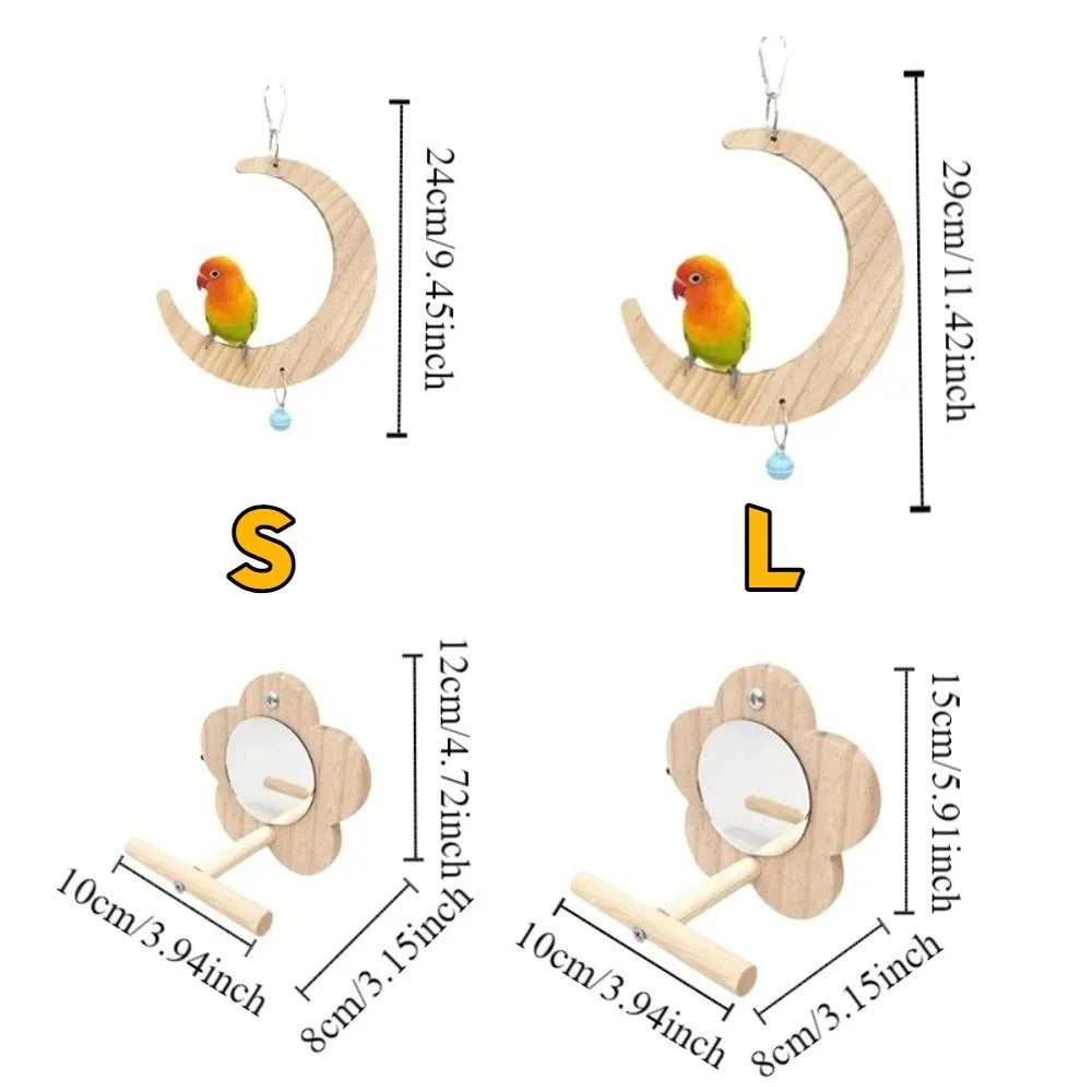 Bird Wooden Perch Toy – Moon Shape, Mirror, Bell & Flower Bird Cage Toy Babs