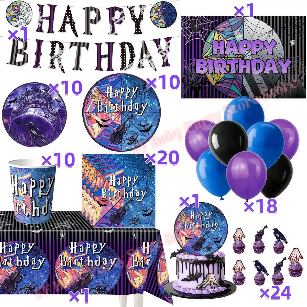 Addams Dark Academia Birthday Party Kit – Balloons, Plates & Backdrop Party Decoration Kit Babs 96pcs others