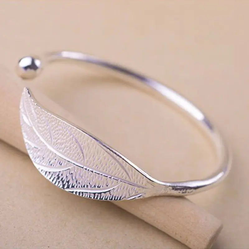 Women's Silver Leaf Cuff Bangle | Open Plant Bracelet Cuff Bangle Bracelet Babs