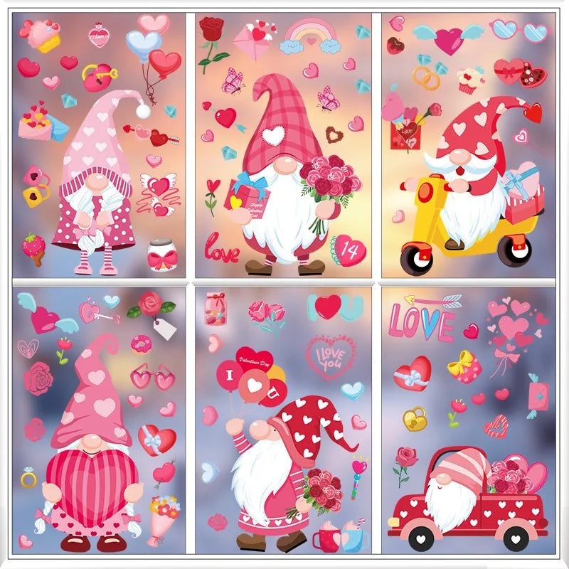 9-Sheet Valentine's Gnome & Heart Window Stickers Decals Window Stickers Babs