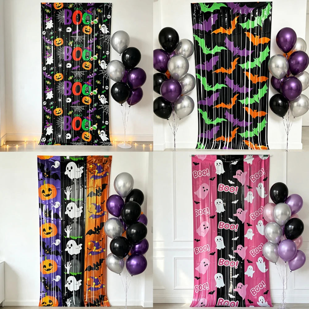 Halloween Foil Fringe Curtain – Bat Ghost Pumpkin Party Backdrop Halloween Party Decoration Babs