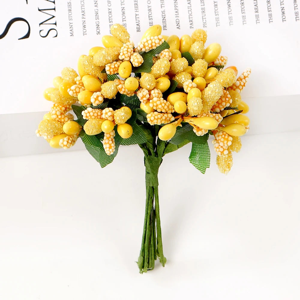 12Pcs Artificial Berry Stamen Flowers – DIY Wedding & Christmas Artificial Craft Flowers Babs Yellow 12Pcs