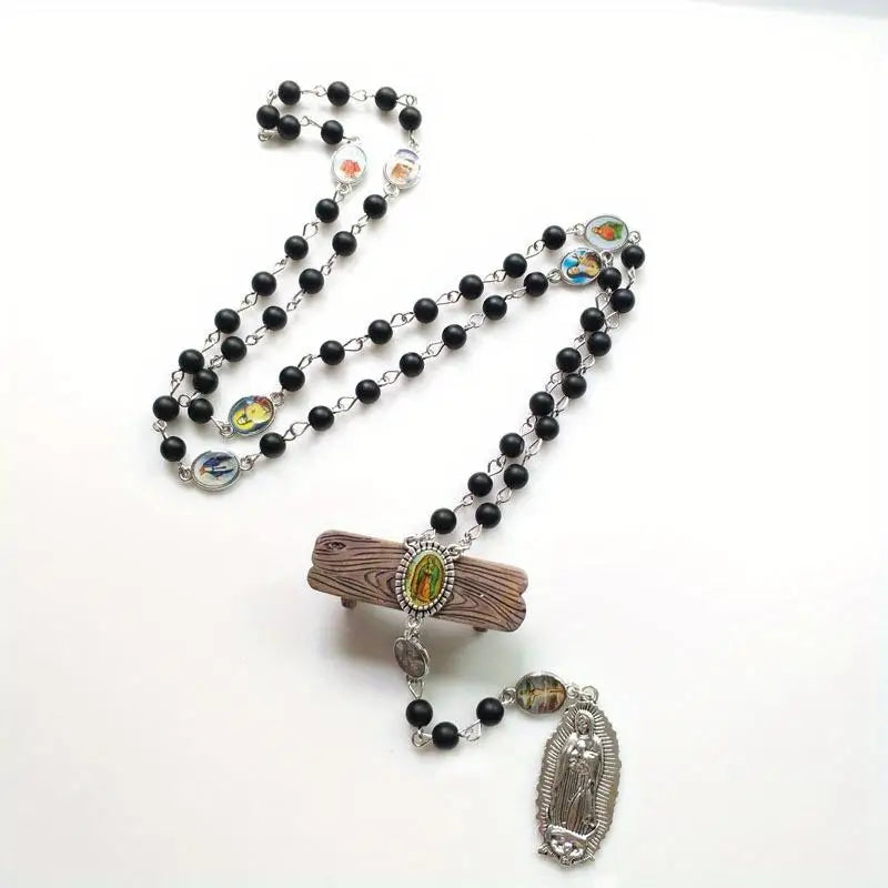 Black Crystal Rosary Necklace – Long Cross Pendant, Unisex Rosary Necklace Babs