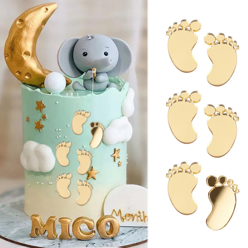 Gold Baby Footprint Cake Toppers – 6 or 12 Pcs Party Decor Cake Topper Babs