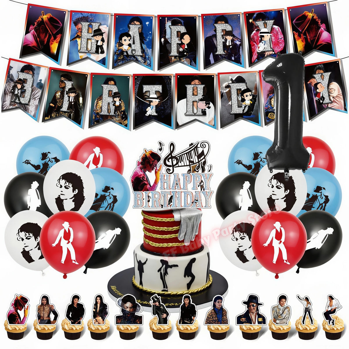 MJ Pop King Birthday Party Decorations – Balloon, Banner & Topper Party Decoration Set Babs 32pcs Number-1