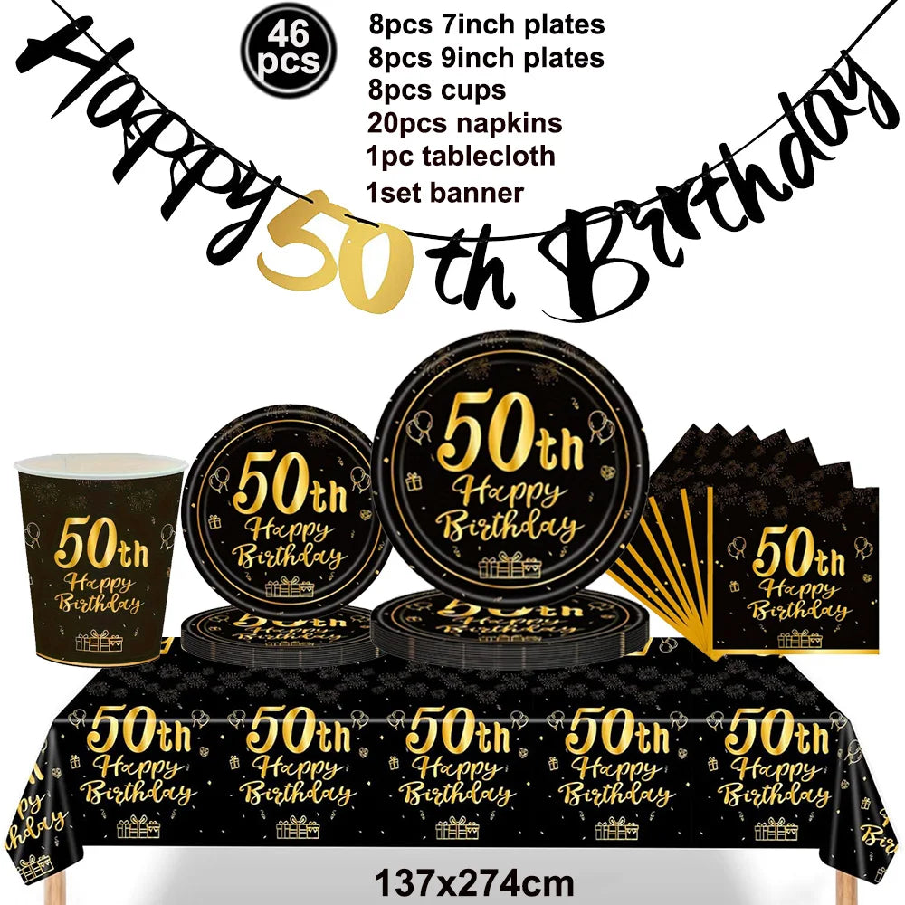 50th Birthday Party Tableware Set – Black & Gold