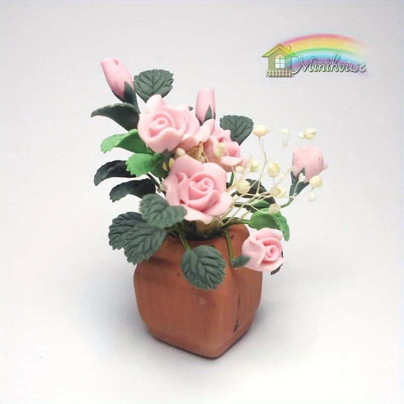 1/12 Mini Clay Rose Potted Plant – Dollhouse Miniature Décor Dollhouse Miniature Babs