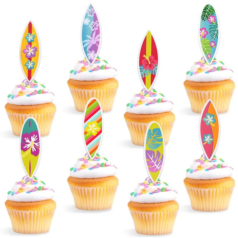 Hawaiian Surfboard Cupcake Toppers – Luau Party Decor (8/16 Pc) Cupcake Toppers Babs A 16Pcs