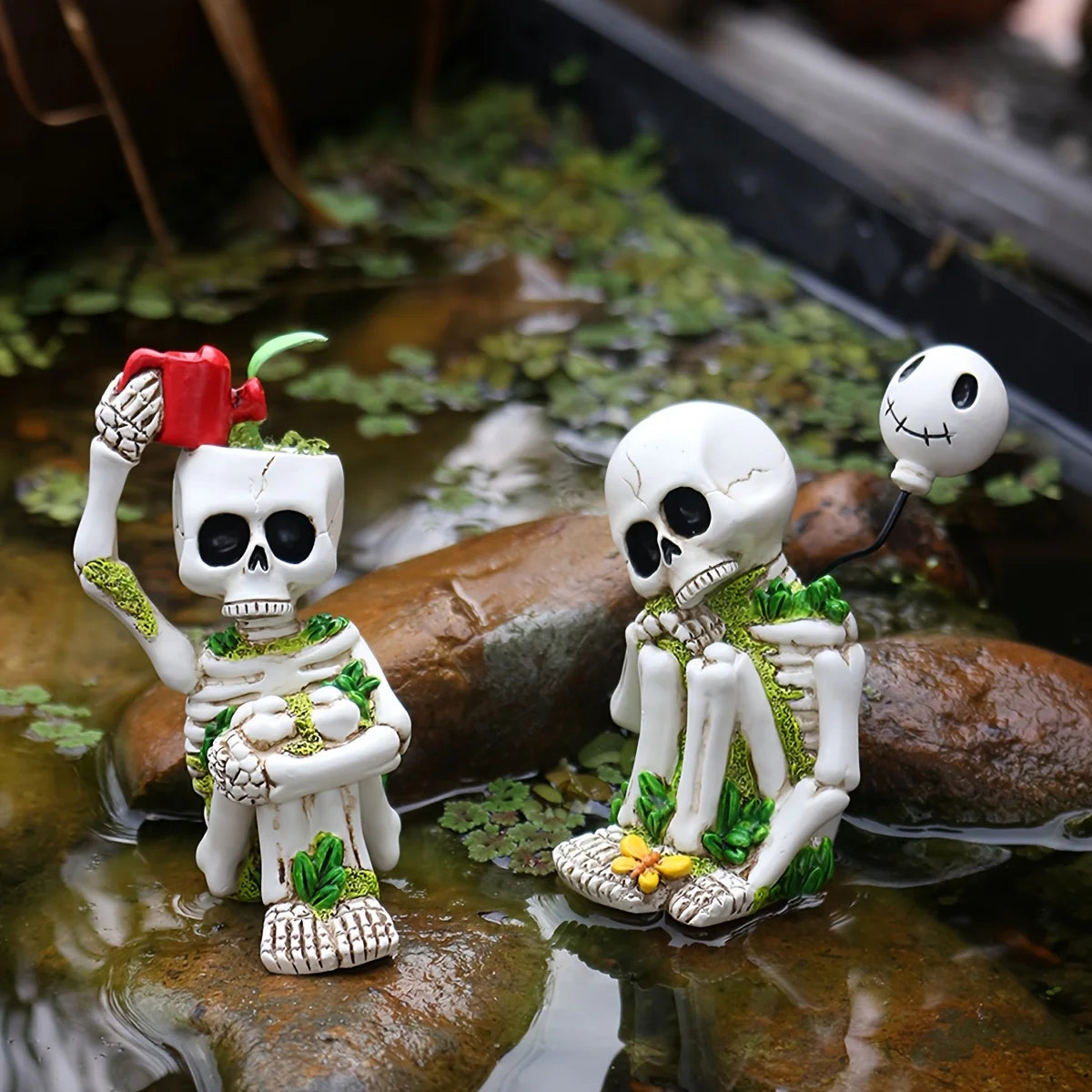Skeleton Thinking Statue Set of 2 – Halloween Garden Decor Halloween Garden Statue Babs