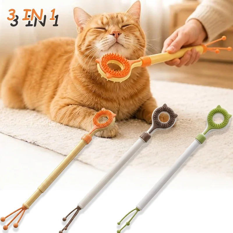 3-in-1 Cat Scratcher, Massage Stick & Grooming Brush w/ Teaser Cat Grooming Toy Babs