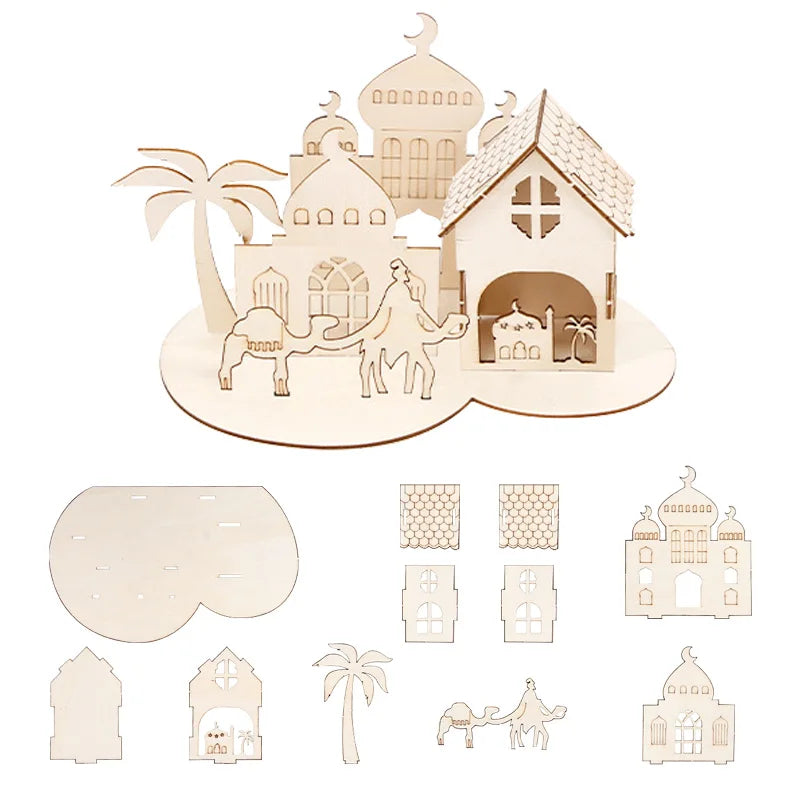 Wooden Ramadan Castle DIY Puzzle – Eid Mubarak Table Decor Holiday Wood Puzzle Babs A