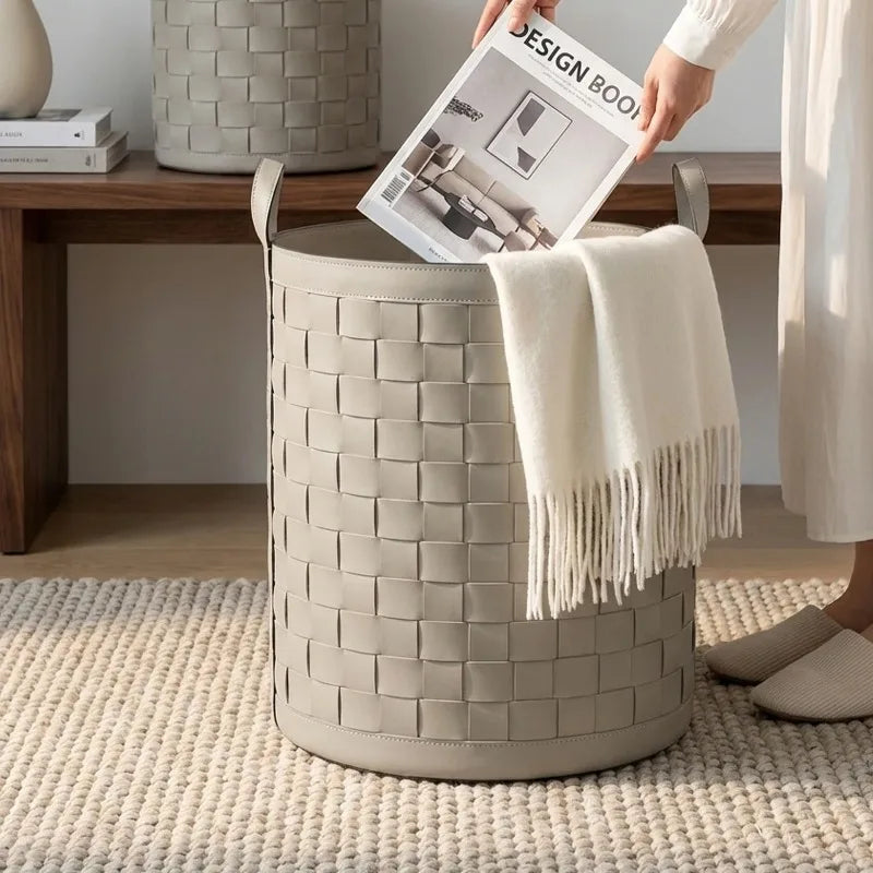 Luxury Leather Woven Storage Basket & Laundry Hamper Storage Basket Hamper Babs