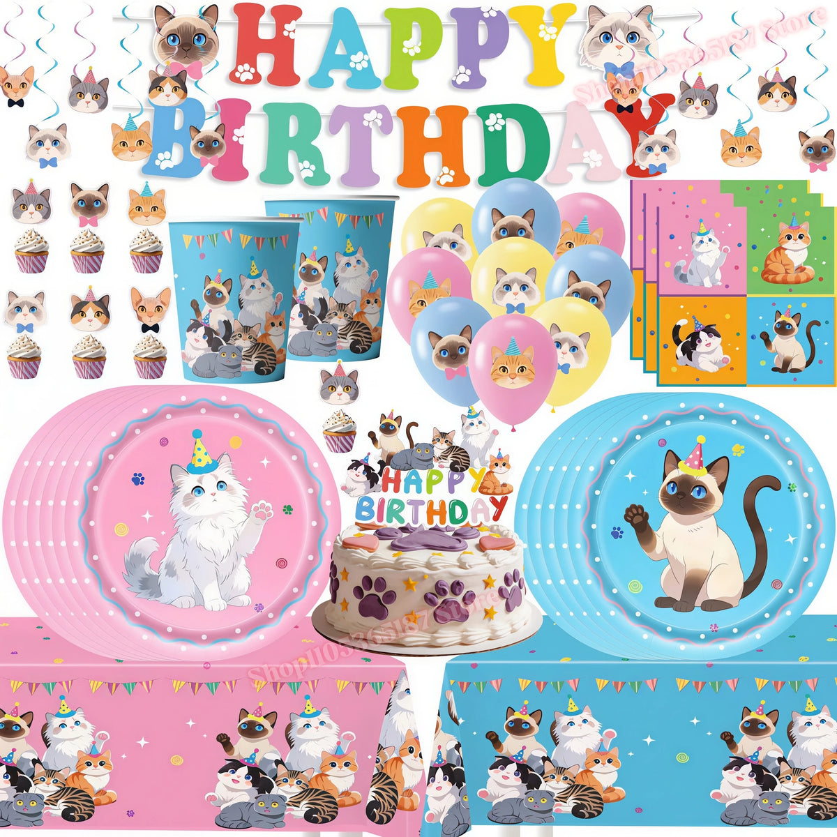 Cat Theme Kids Party Supplies – Plates, Cups, Balloons & More Party Supplies Set Babs