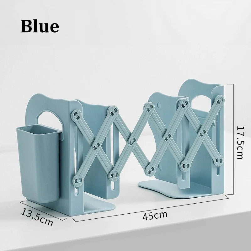 Retractable Bookends with Pen Holder | Foldable Desk Organizer Desktop Book Organizer Babs Blue