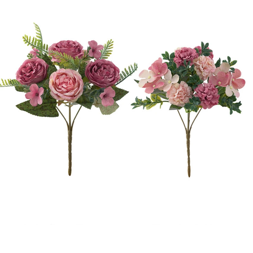 Artificial Silk Peony Rose Hydrangea Bouquet – Wedding Décor Artificial Flower Bouquet Babs Rose Red 5 pcs