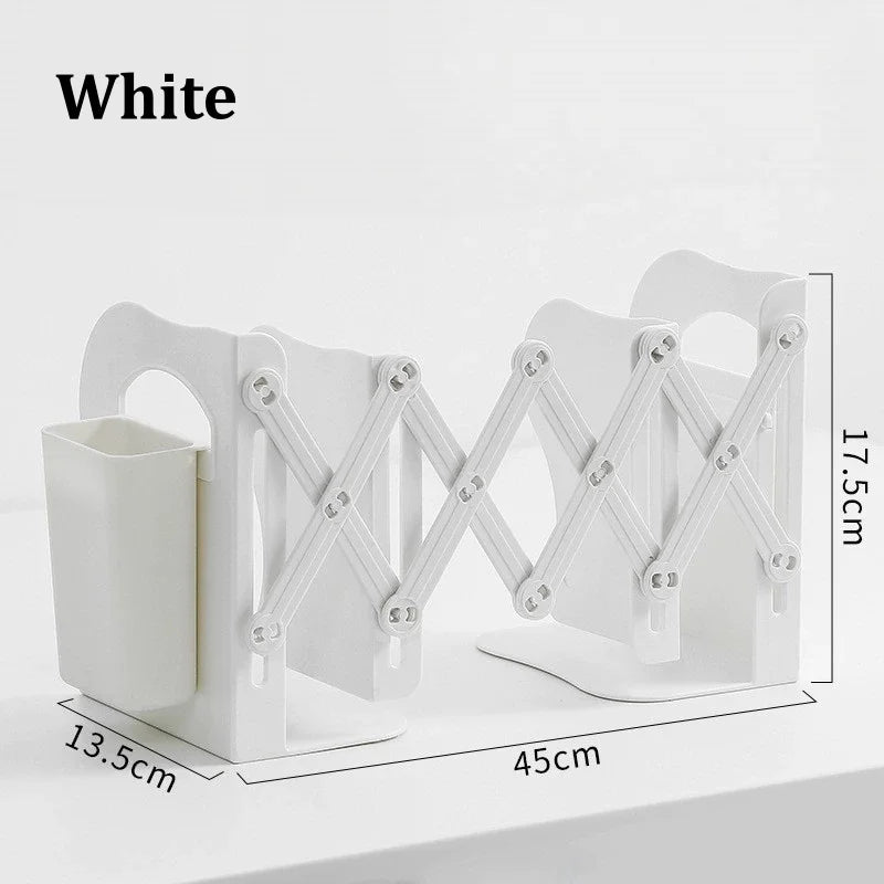 Retractable Bookends with Pen Holder | Foldable Desk Organizer Desktop Book Organizer Babs White
