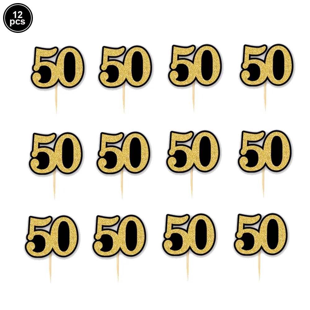 50th Birthday Party Decorations – Black & Gold Tableware Set Party Tableware Set Babs 12pcs toppers