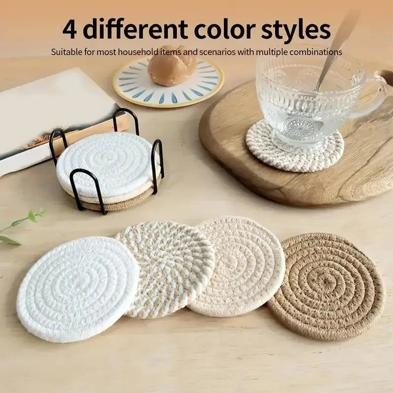 8-Piece Absorbent Cotton Woven Boho Coasters – Table Decor Woven Drink Coasters Babs