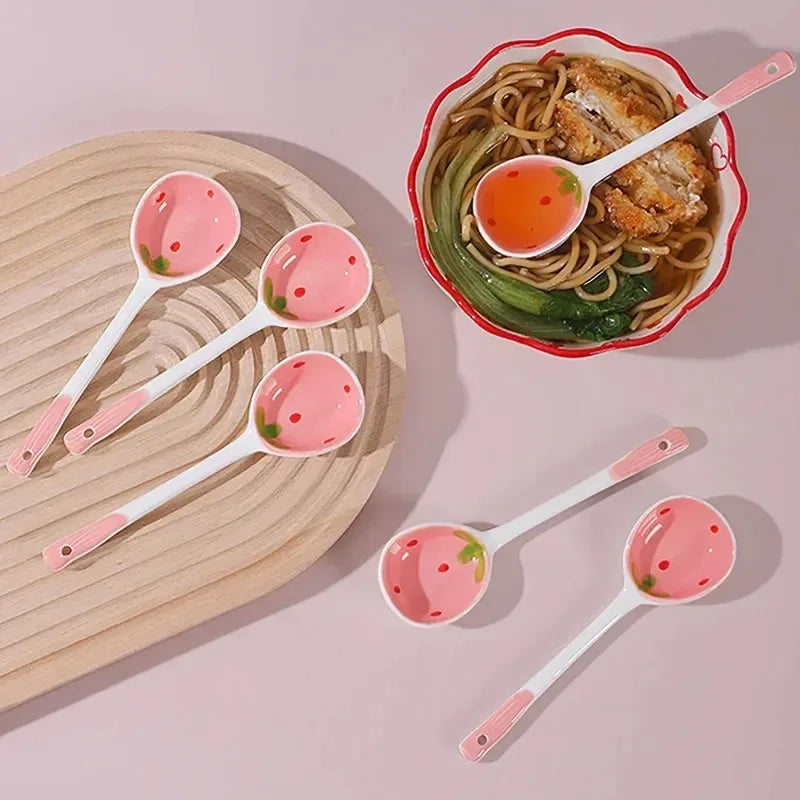 Kawaii Strawberry Ceramic Spoon – Hand-Painted Long Handle Ceramic Dessert Spoon Babs