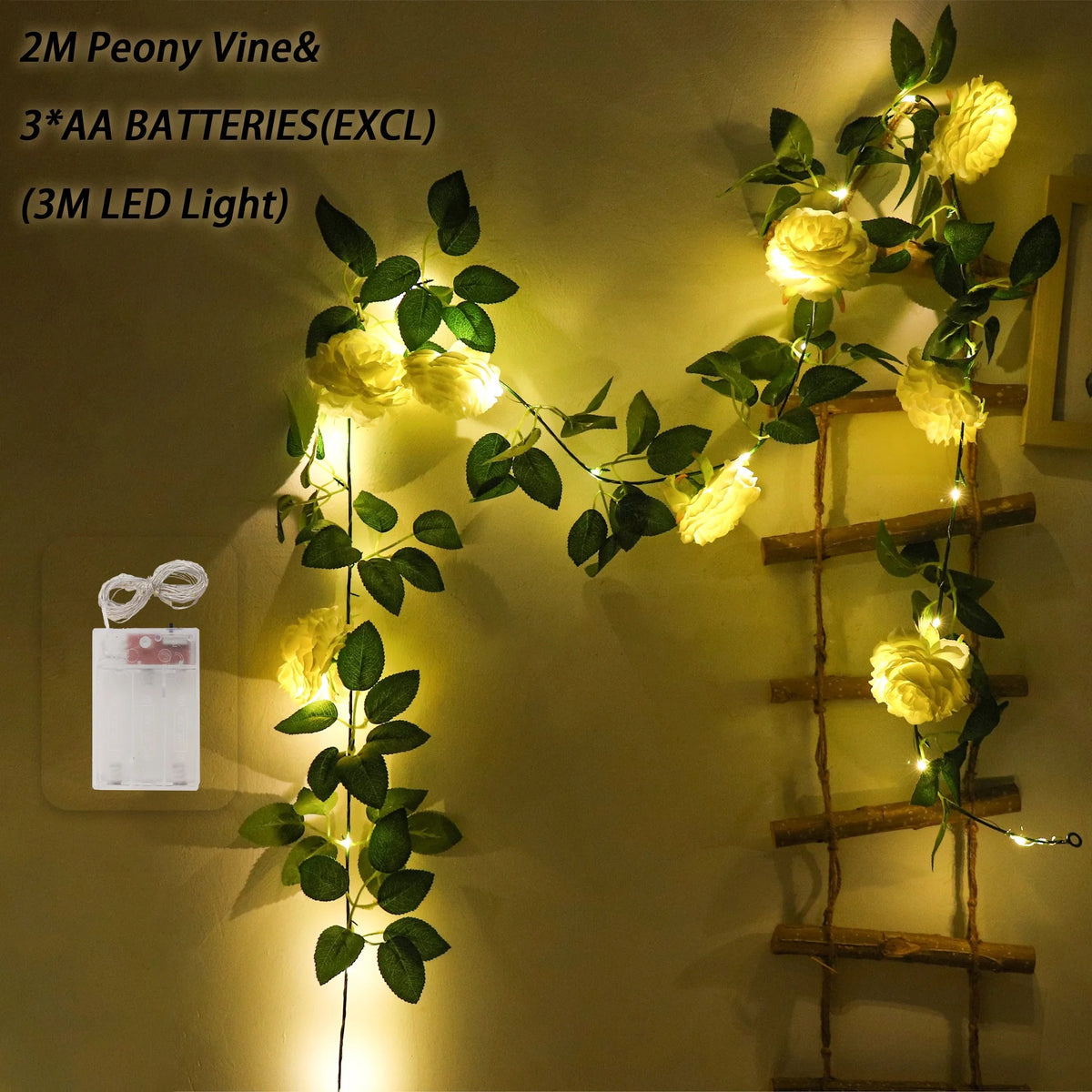 Peony Vine LED Wreath – Silk Artificial Flower Wall & Wedding Décor Artificial Flower Garland Babs White 3 1PC