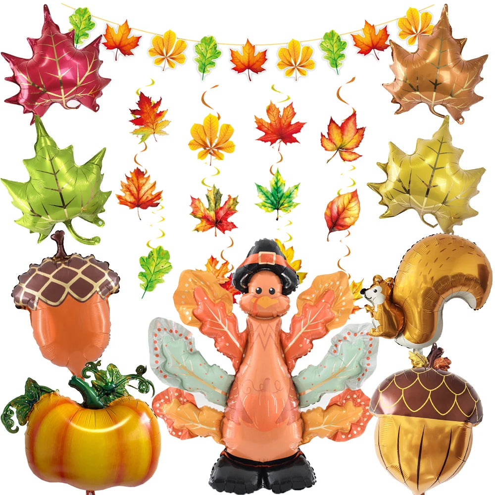 Thanksgiving Foil Balloons & Maple Leaf Banner Party Decor Party Balloon Decor Babs