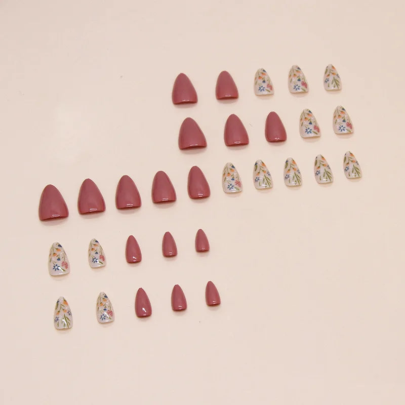24pcs Floral Short Almond Press-On Nails – Detachable Leaf Design Press-On Nails Babs