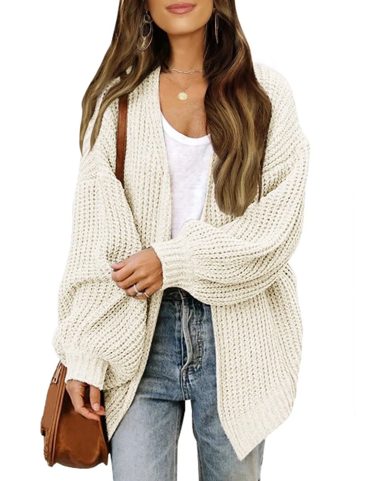 Women's Lantern Sleeve Thick-Knit Cardigan – Loose V-Neck Coat Knit Cardigan Sweater Babs XXL Beige
