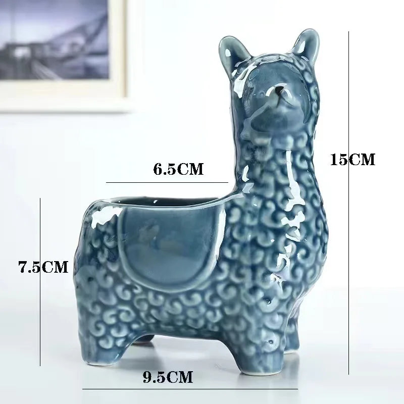 Cartoon Alpaca Ceramic Succulent Planter | Cute Desk Pot Ceramic Succulent Planter Babs Dark blue B