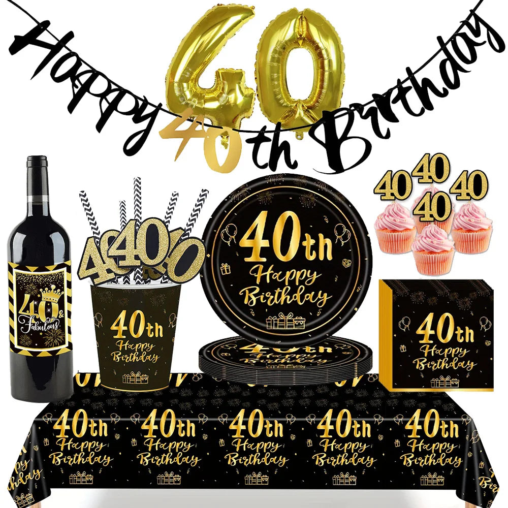 40th Birthday Party Decorations – Black & Gold Tableware Set Birthday Party Set Babs