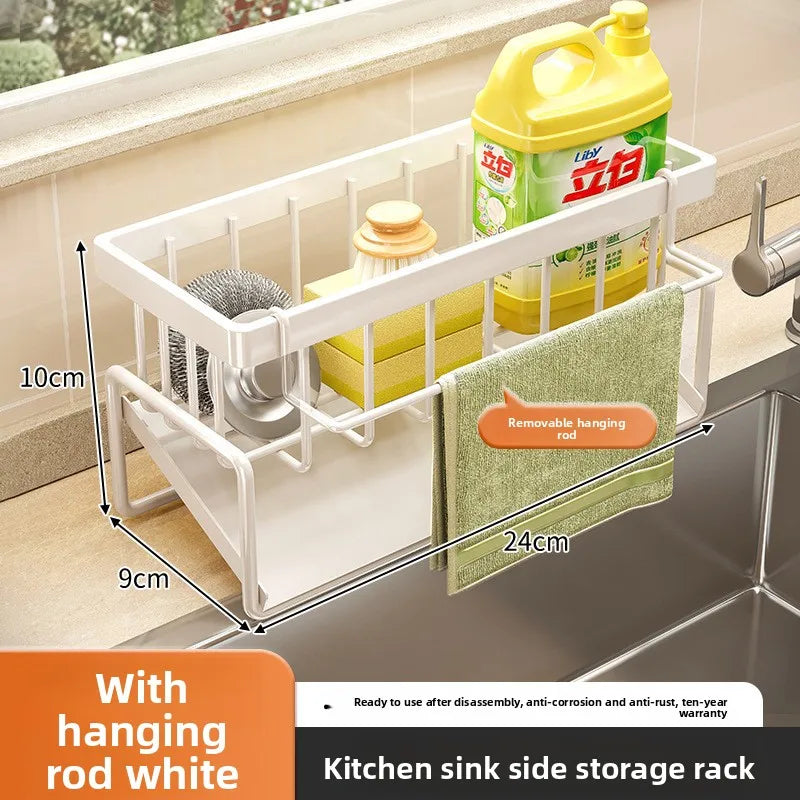Kitchen Sponge Holder Sink Organizer Drain Rack with Hook Sink Organizer Babs WHITE
