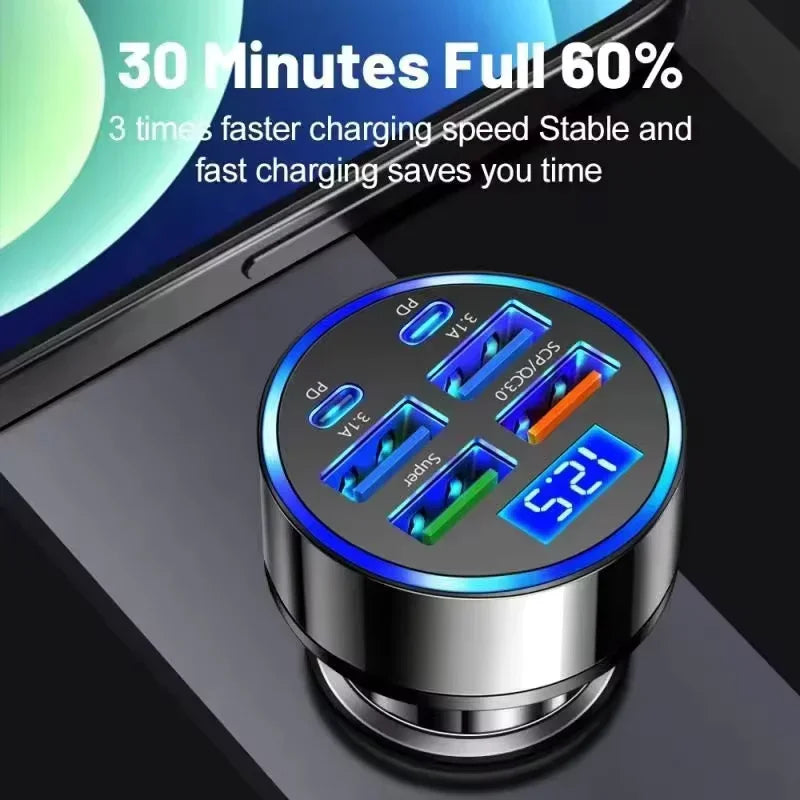 250W 6-Port PD QC3.0 Fast Car Charger – Digital Display Car Charger Adapter Babs