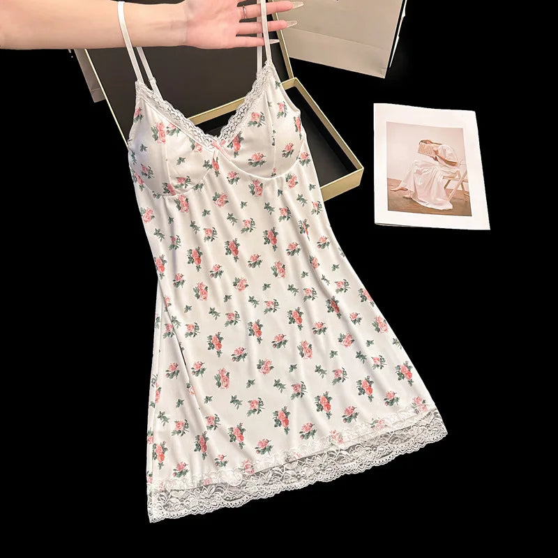 Women's Lace Trim Spaghetti Strap Nightgown Mini Sleepshirt Women's Nightgown Babs