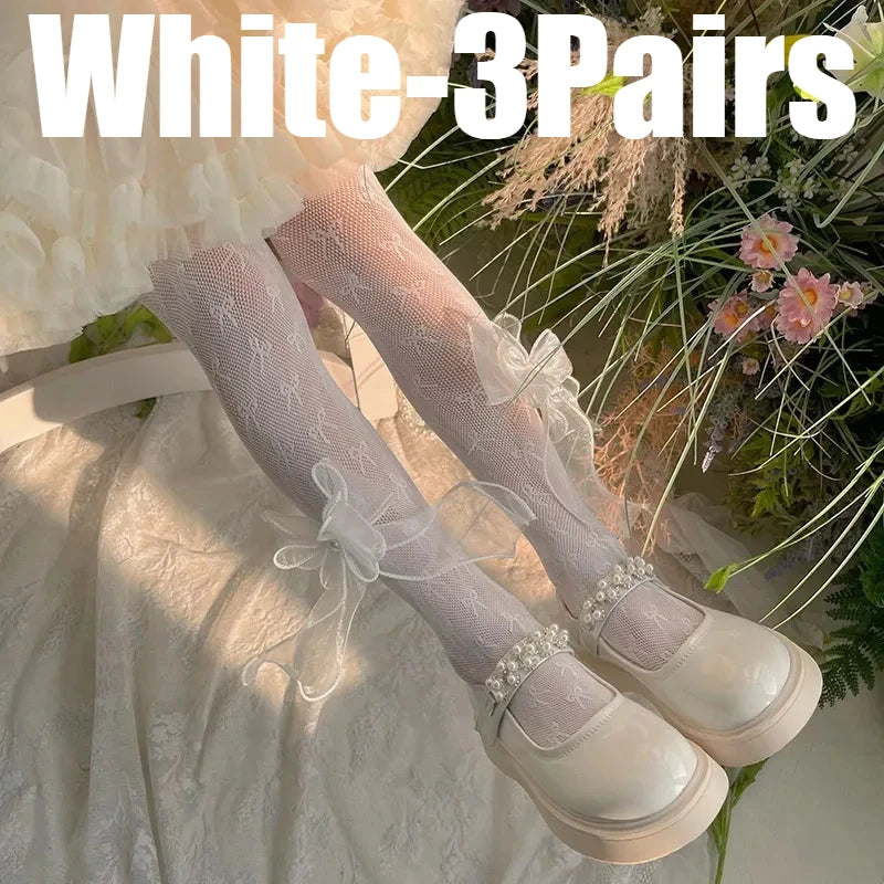 Girls Bow Lace Pantyhose – Cute Kids Stockings for Dance & Parties Girls Lace Pantyhose Babs White-3Pairs L 120-150cm
