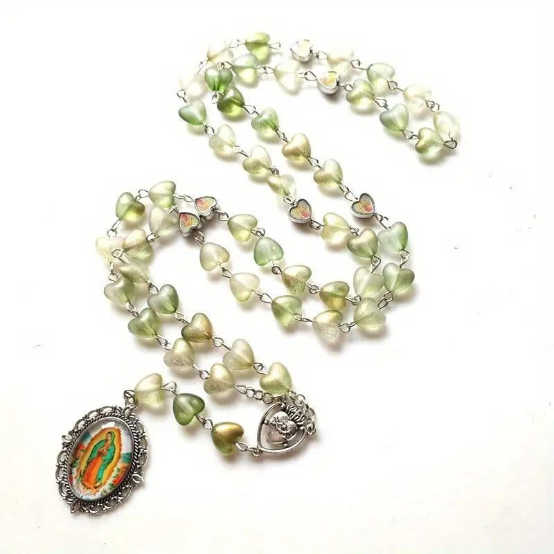 Acrylic Bead Catholic Rosary Necklace – Cross & Guadalupe Pendant Religious Rosary Necklace Babs