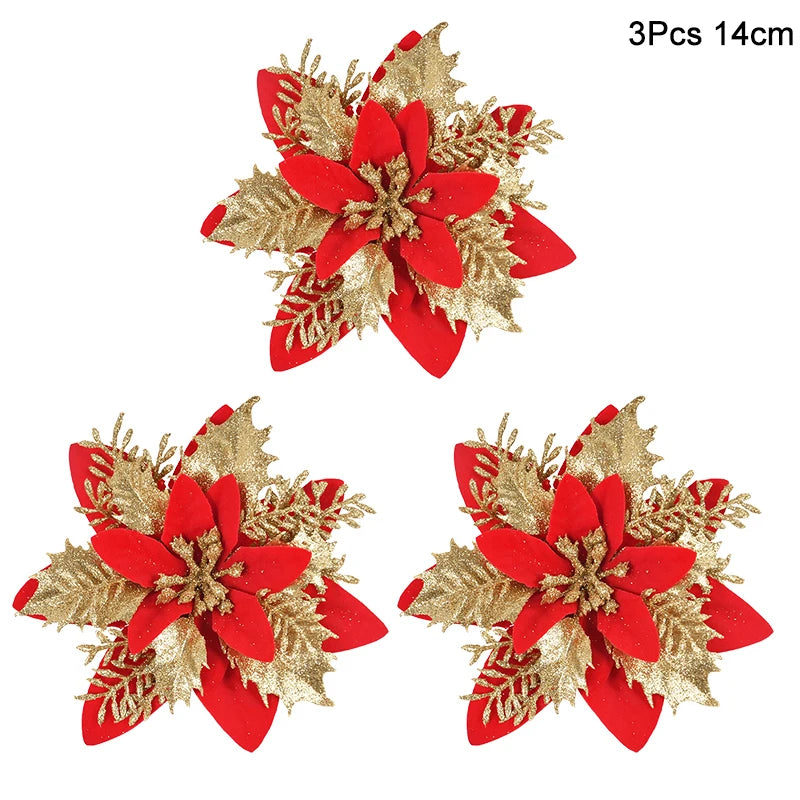 3pcs Glitter Artificial Christmas Flowers Berry Xmas Tree Decor Christmas Tree Ornament Babs Red Gold