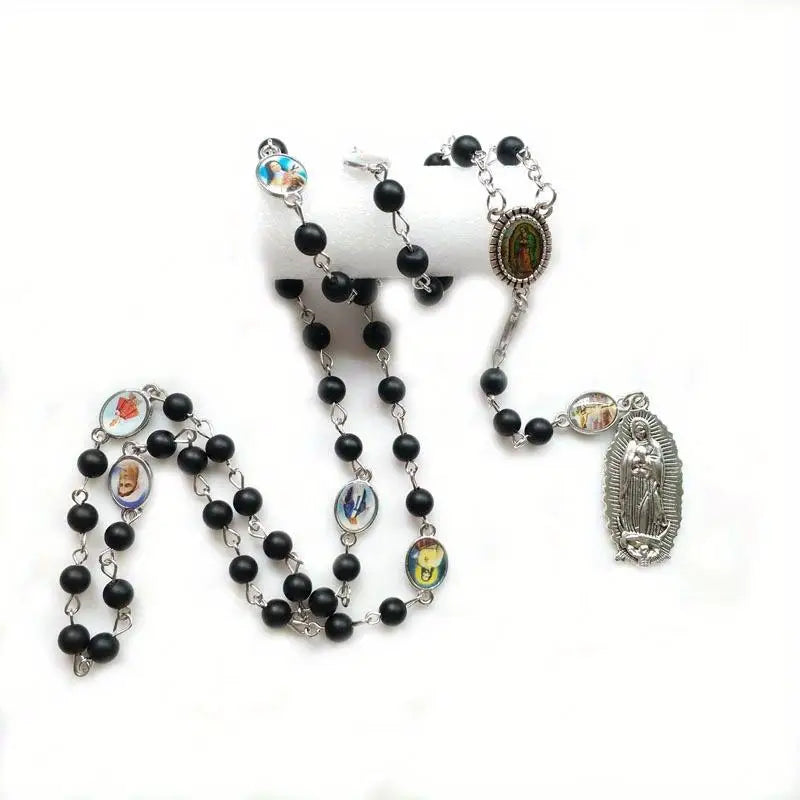 Black Crystal Rosary Necklace – Long Cross Pendant, Unisex Rosary Necklace Babs