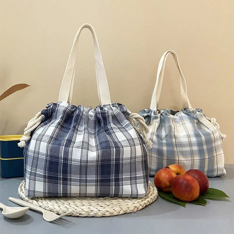Plaid Drawstring Lunch Bag – Waterproof & Oil-Resistant Tote Drawstring Lunch Bag Babs