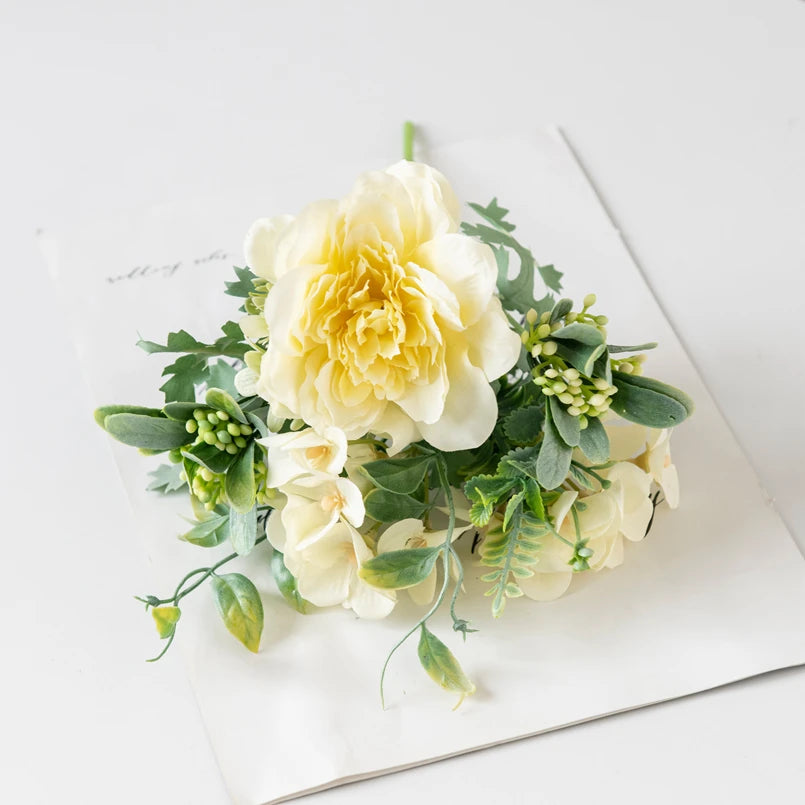 Silk Peony Hydrangea Artificial Bouquet – Wedding & Home Décor Artificial Flower Bouquet Babs YELLOW 10 pcs