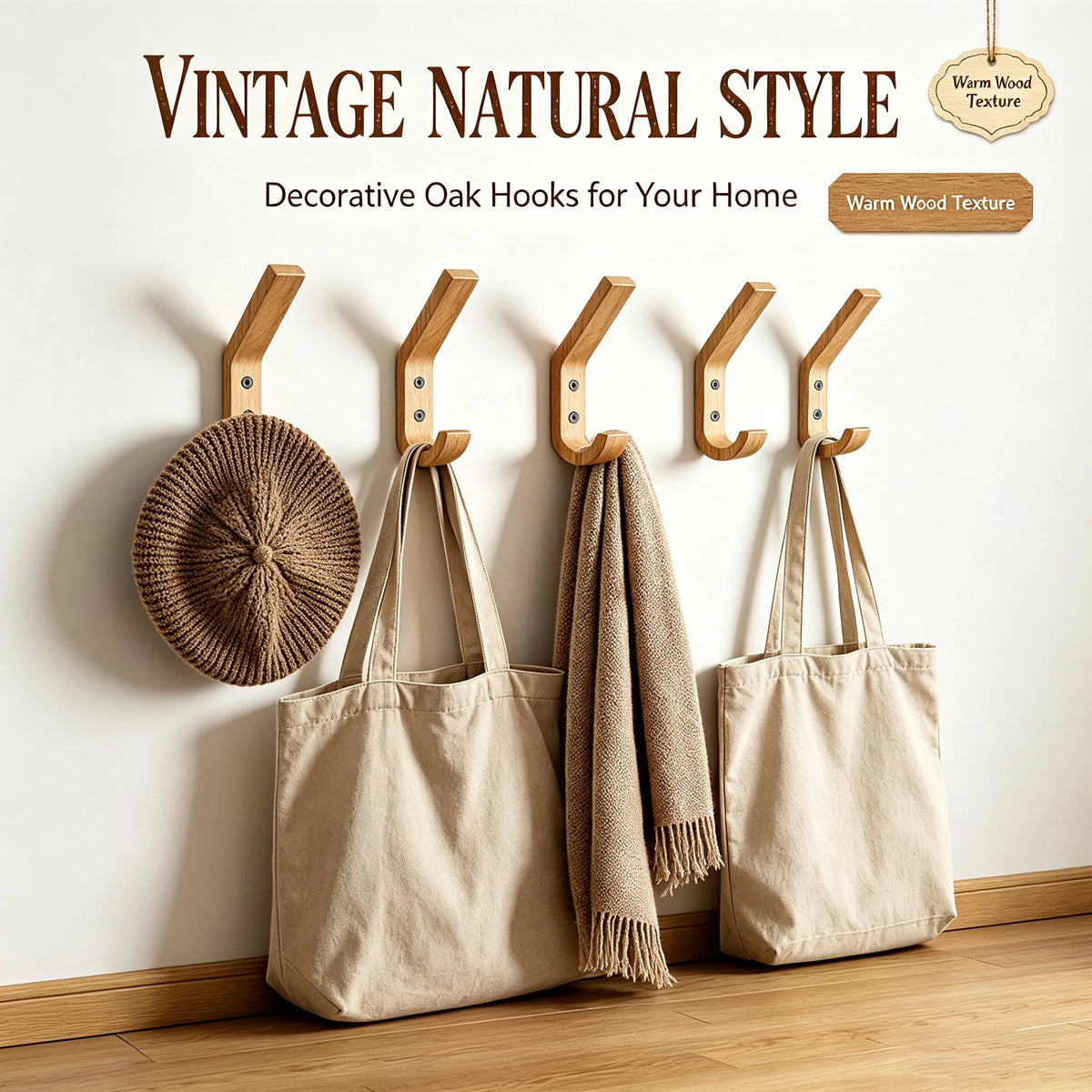 Natural Oak Wood Double Wall Hook – Vintage Coat Organizer Wood Wall Hook Babs