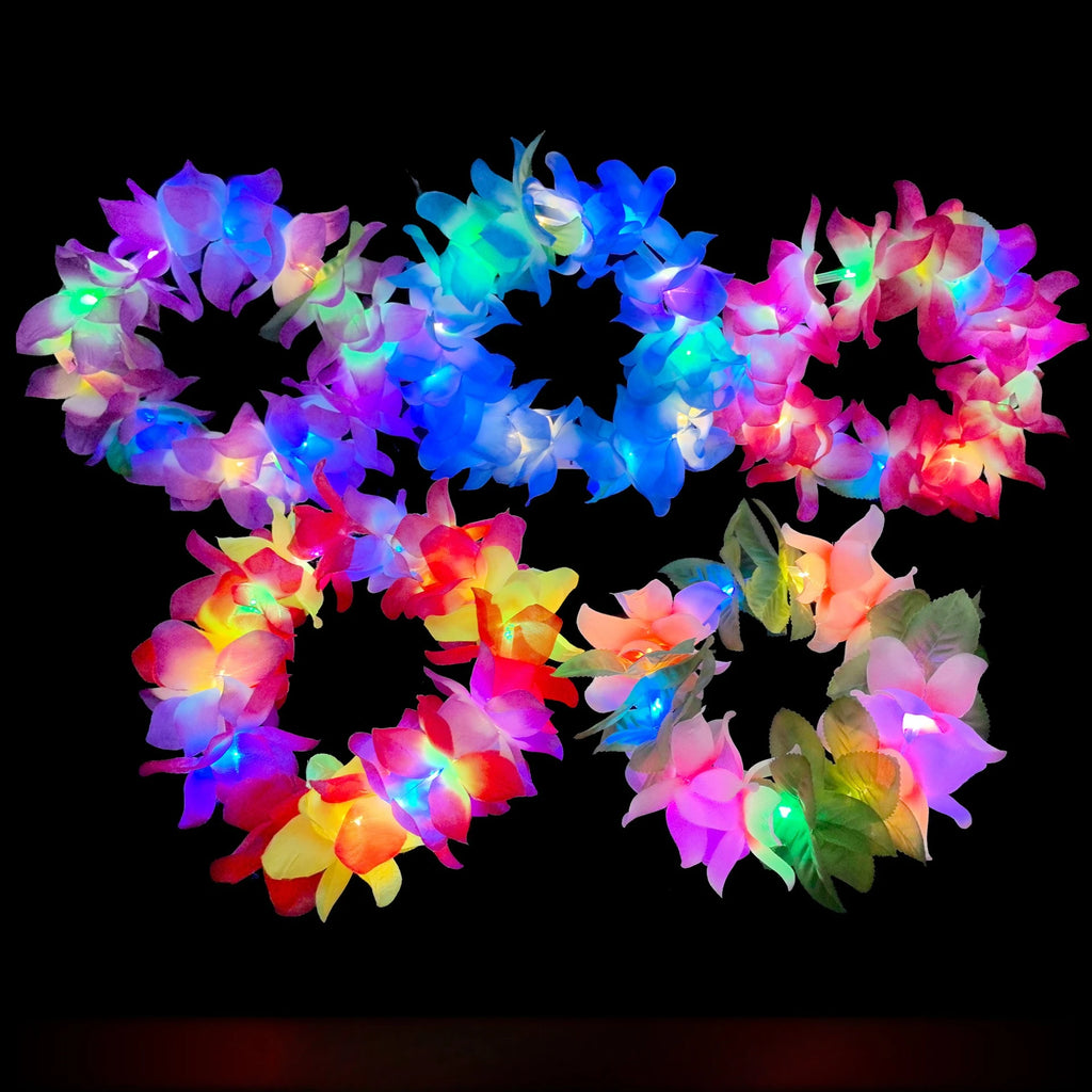 12pc Hawaiian LED Flower Lei Luau Necklace & Headband Set Party Lei Set Babs
