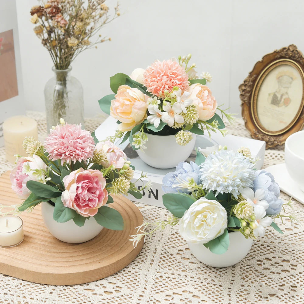 Artificial Peony Bonsai Silk Flowers Potted – Wedding Home Decor Artificial Potted Flowers Babs