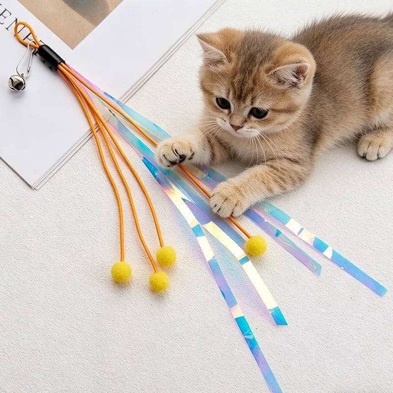 Cat Wand Teaser Toy with Bell, Metallic Foil Tassel & Ribbon Cat Teaser Toy Babs