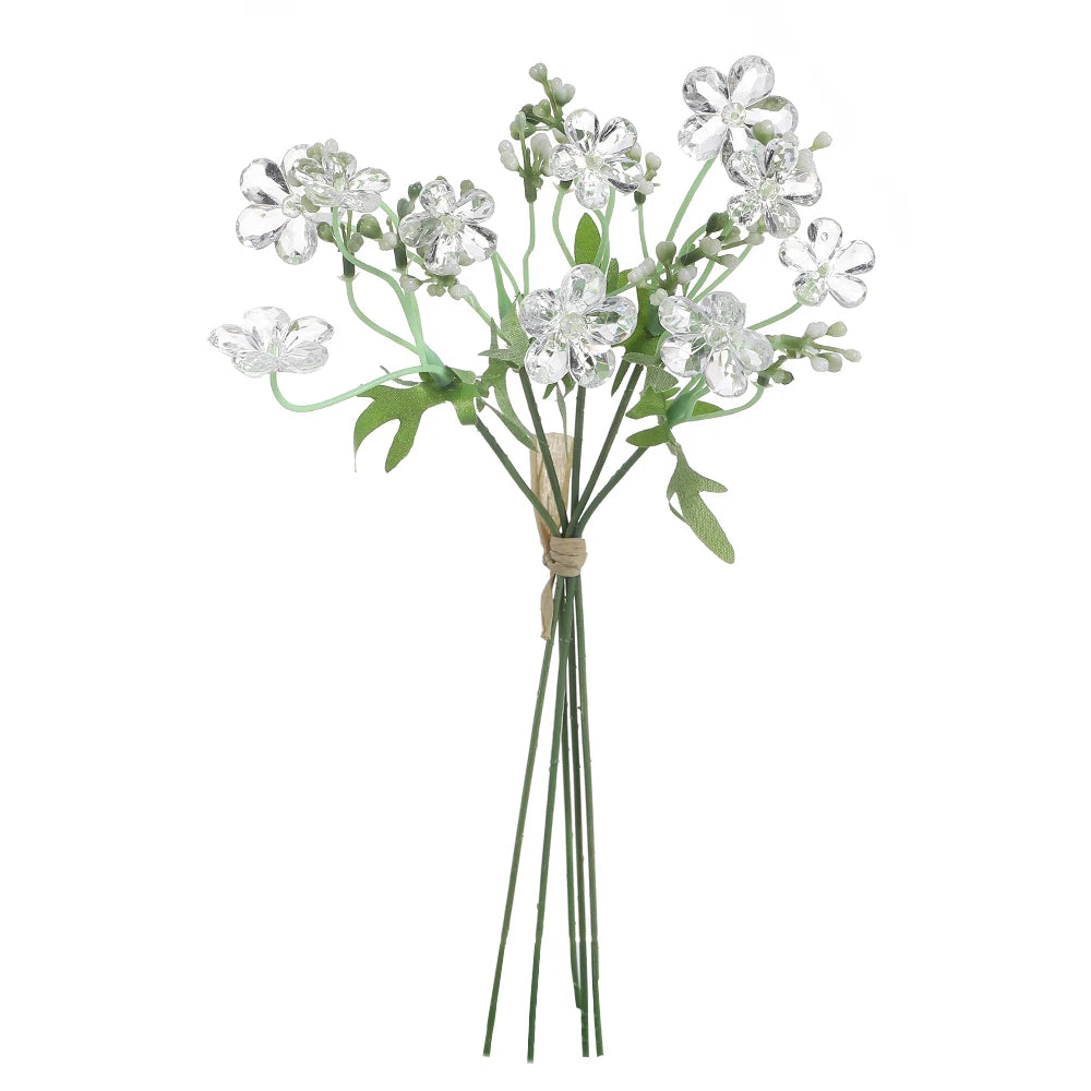 5Pcs Crystal Bead Artificial Rose Bouquet 28cm | Wedding Decor Artificial Flower Bouquet Babs White 5Pcs