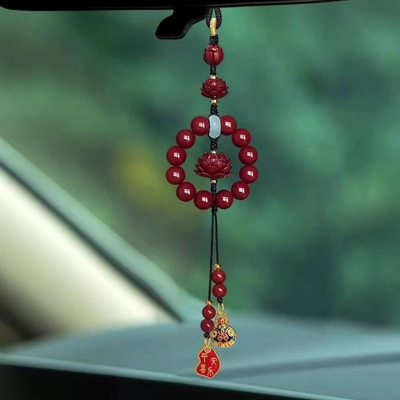 Lotus Cinnabar Car Rearview Mirror Pendant | Good Luck Ornament Car Mirror Pendant Babs